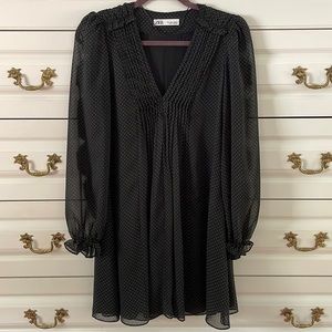 Zara mini dress black with white polka dots pleats around v neck